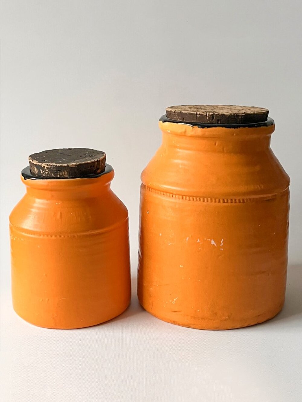 Vintage MCM Orange Glaze Pottery Canister Jar Cork Lid Canada Retro Set 2